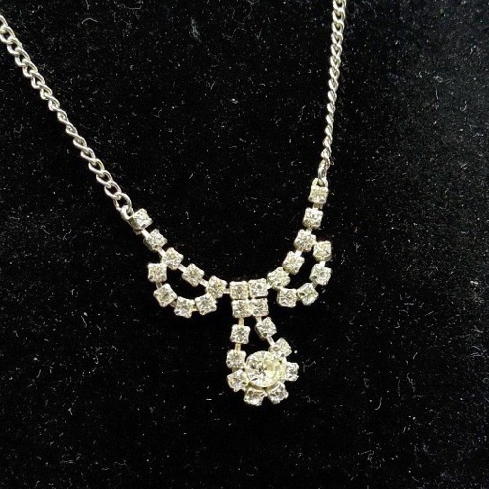 Vintage Style Rhinestone Drop Necklace Silver Bridal 16" wedding‎ guest